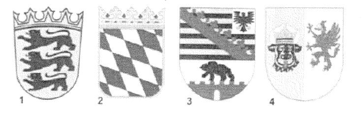 Vier Landeswappen als Schilde, nummeriert 1 bis 4