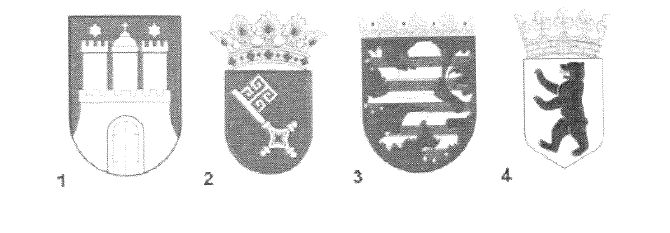 Vier nummerierte Wappenschilde (1 bis 4) nebeneinander.