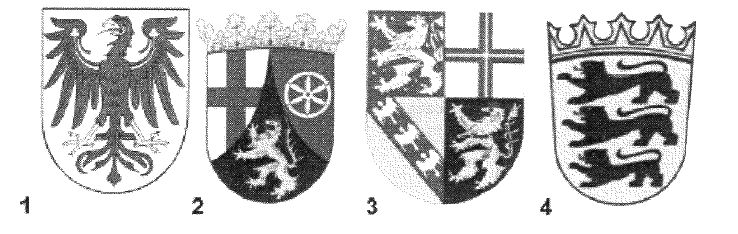 Vier nummerierte Wappenschilde (1 bis 4) nebeneinander.