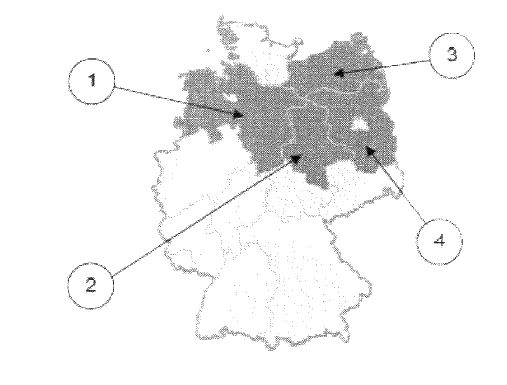 Deutschlandkarte mit vier nummerierten Pfeilen (1 bis 4), die auf verschiedene Gebiete zeigen.