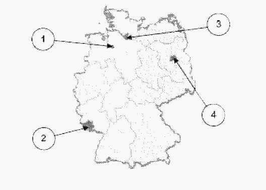 Deutschlandkarte mit vier nummerierten Pfeilen (1 bis 4), die auf verschiedene Gebiete zeigen.