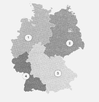 Deutschlandkarte mit vier verschieden schattierten Gebieten, nummeriert 1 bis 4