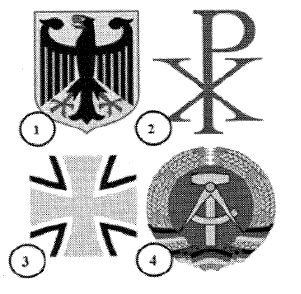 Vier Wappen bzw. Hoheitszeichen, nummeriert 1 bis 4