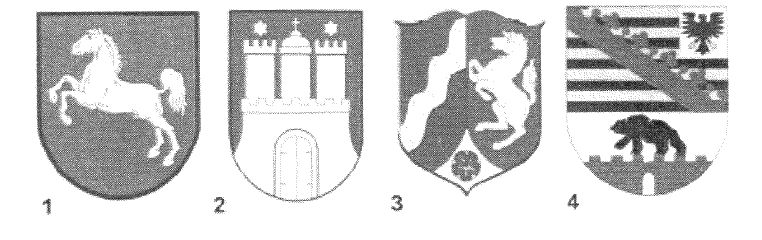Vier nummerierte Wappenschilde (1 bis 4) nebeneinander.