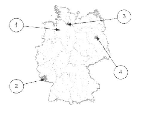 Deutschlandkarte mit vier nummerierten Pfeilen (1 bis 4), die auf verschiedene Gebiete zeigen.