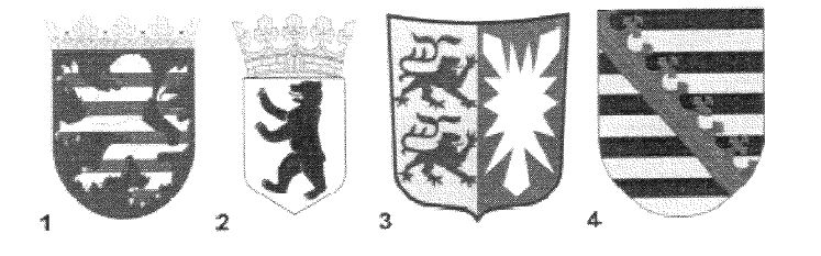 Vier nummerierte Wappenschilde (1 bis 4) nebeneinander.