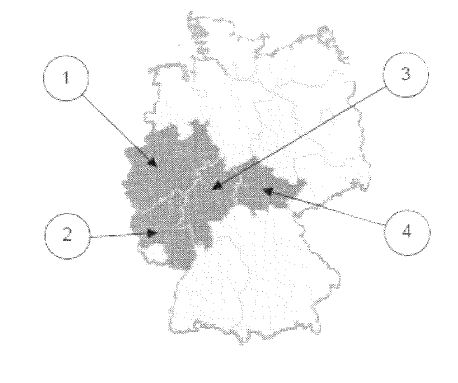 Deutschlandkarte mit vier nummerierten Pfeilen (1 bis 4), die auf verschiedene Gebiete zeigen.
