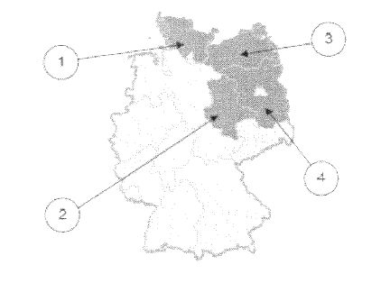 Deutschlandkarte mit vier nummerierten Pfeilen (1 bis 4), die auf verschiedene Gebiete zeigen.