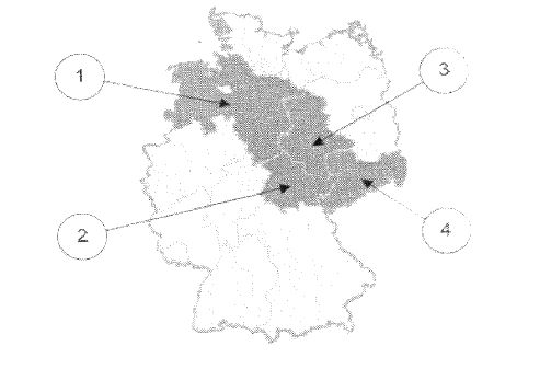 Deutschlandkarte mit vier nummerierten Pfeilen (1 bis 4), die auf verschiedene Gebiete zeigen.