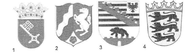 Vier nummerierte Wappenschilde (1 bis 4) nebeneinander.