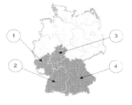 Deutschlandkarte: vier Bundesländer sind grau hervorgehoben, vier Pfeile mit den Ziffern 1 bis 4 zeigen darauf.