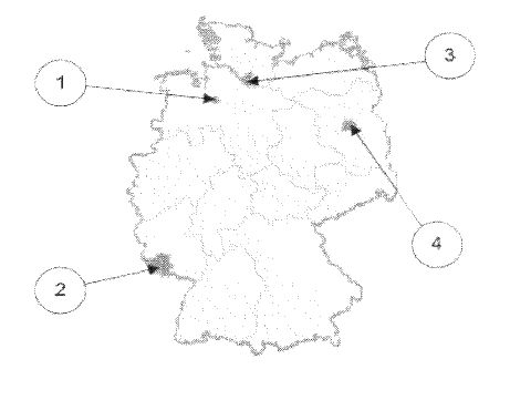 Deutschlandkarte: vier Bundesländer sind grau hervorgehoben, vier Pfeile mit den Ziffern 1 bis 4 zeigen darauf.