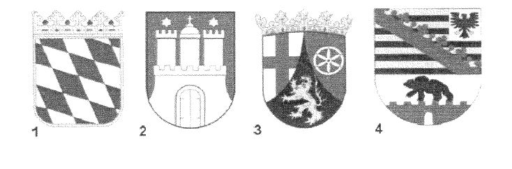 Vier Wappenschilde nebeneinander, darunter die Ziffern 1 bis 4.