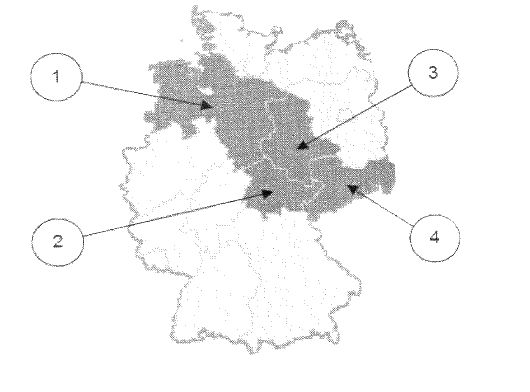 Deutschlandkarte: vier Bundesländer sind grau hervorgehoben, vier Pfeile mit den Ziffern 1 bis 4 zeigen darauf.